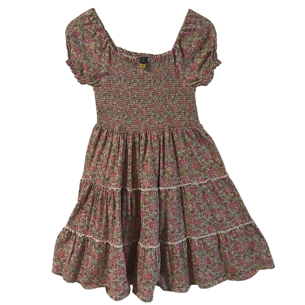 Polo Ralph Lauren Girls XL 16 Pink Floral Smocked Tiered Puff Sleeve Dress